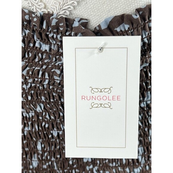 Rungolee Tahiti Floral Smocked Silk Top Blue Coffee Sleeveless Boho op NEW Sz S - Picture 9 of 16